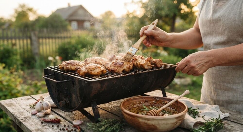 Сочное мясо и курица в медовом маринаде на гриле, рядом миска с маринадом из мёда, горчицы, чеснока и ароматных специй