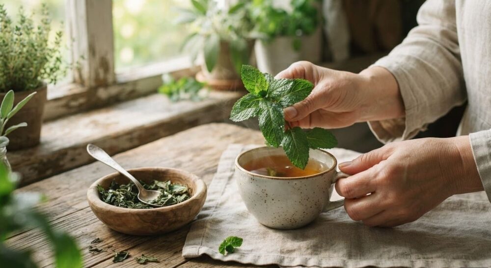Свежие листья перечной мяты рядом с чашкой ароматного мятного чая, сушёной мятой и деревянной ложкой на светлом деревянном столе